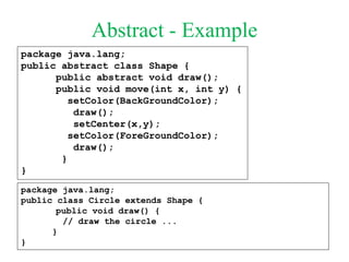 Abstract - Example
package java.lang;
public abstract class Shape {
public abstract void draw();
public void move(int x, int y) {
setColor(BackGroundColor);
draw();
setCenter(x,y);
setColor(ForeGroundColor);
draw();
}
}
package java.lang;
public class Circle extends Shape {
public void draw() {
// draw the circle ...
}
}
 