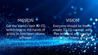 MISSION
Get the world’s best 3D CG
technology in the hands of
artists as free/open source
software.
VISION
Everyone should be free to
create 3D CG content, with
free technical and creative
production means and free
access to markets.
 