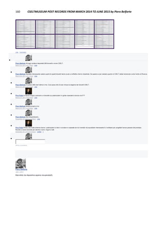 160 CSELTMUSEUM POST RECORDS FROM MARCH 2014 TO JUNE 2015 by Piero Belforte
Like · Comment

Piero Belforte Ad oggi risultano depositati 288 brevetti a nome CSELT.
March 24, 2011 at 1:12pm · Like

Piero Belforte Sarebbe interessante vedere quanti di questi brevetti hanno avuto un effettivo ritorno industriale. Da questo si può valutare quanto lo CSELT abbia funzionato come Centro di Ricerca.
March 24, 2011 at 1:14pm · Like

Piero Belforte Il numero 288 cioè l'ultimo è mio. Così posso dire di aver chiuso la stagione dei brevetti CSELT.
March 24, 2011 at 7:11pm · Like

Pino Figlia Io Savini Forigo e avevamo un brevetto sui polarizzatori in guida coassiale è ancora vivo???
March 24, 2011 at 8:22pm · Like

Piero Belforte sembra proprio di sì.
March 24, 2011 at 8:59pm · Like

Piero Belforte Nel cinquantenario...
December 23, 2014 at 3:35pm · Like

Pino Figlia Penso che molte antenne hanno i polarizzatori a iride in circolare e coassiale da noi inventati ma soprattutto interessante fu il software per progettarli senza passare dal prototipo .
Ricordo ci avevo lavorato per alemno 2 anni. Auguri a tutti.
December 23, 2014 at 6:03pm · Unlike · 1

Write a comment...
Piero Belforte
July 7, 2011
Macrofoto da diapositiva appena recuperata(6).
 