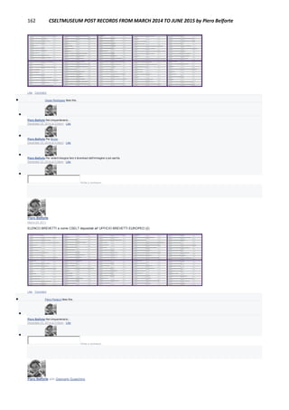 162 CSELTMUSEUM POST RECORDS FROM MARCH 2014 TO JUNE 2015 by Piero Belforte
Like · Comment
 Oscar Rodríguez likes this.

Piero Belforte Nel cinquantenario...
December 23, 2014 at 3:34pm · Like

Piero Belforte Per Bruno.
December 23, 2014 at 3:36pm · Like

Piero Belforte Per vederli bisogna fare il download dell'immagine e poi aprirla.
December 23, 2014 at 3:38pm · Like

Write a comment...
Piero Belforte
March 24, 2011
ELENCO BREVETTI a nome CSELT depositati all' UFFICIO BREVETTI EUROPEO (2)
Like · Comment
 Piero Panacci likes this.

Piero Belforte Nel cinquantenario...
December 23, 2014 at 3:35pm · Like

Write a comment...
Piero Belforte with Giancarlo Guaschino
 
