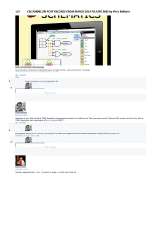 169 CSELTMUSEUM POST RECORDS FROM MARCH 2014 TO JUNE 2015 by Piero Belforte
Spicy Schematics Homepage
Spicy Schematics - Electronic Circuit Schematic Capture for Tablet and Web - works with iPad, Web - Homepage
ISCHEMATICS.COM|BY 2011-2013 ISCHEMATICS.COM - E. PATAKY
Like · Comment ·
Share
 Claudio Di Girolamo and Oscar Rodríguez like this.

Write a comment...
Piero Belforte
December 7, 2014
Questione di zeri: 3000 brevetti e 70000 diapositive: bisognerebbe chiedere a chi afferma che Tilab (ma esiste ancora?) detiene 3000 brevetti che fine hanno fatto le
70000 diapositive (vedi recente post diBruno Costa) di CSELT...
Like · Comment

Piero Belforte Siamo sicuri che il numero di zeri sia giusto? Per evitare errori suggerirei di usare la notazione esponenziale o magari esprimere i numeri in db.
December 7, 2014 at 7:06pm · Like

Write a comment...
Gianni Soria
December 4, 2014
GRANDI ANNIVERSARI.. CSELT COMPIE 50 ANNI, IL CARD. BERTONE 80
 