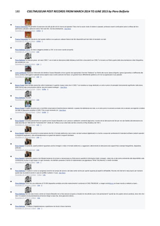 180 CSELTMUSEUM POST RECORDS FROM MARCH 2014 TO JUNE 2015 by Piero Belforte

Franco Canavesio Mi permetto di osservare che tutti gli altri enti di ricerca ed operatori Telco che ho avuto modo di visitare in passato, portavano avanti continuative azioni a difesa del loro
patrimonio culturale e della loro storia. Non solo libri, ma documentazione...See More
November 27, 2014 at 2:03pm · Unlike · 3

Franco Canavesio Ho ricevuto la mail questa mattina e se qualcuno volesse l'elenco dei libri disponibili sarò ben lieto di mandarlo via mail.
November 27, 2014 at 2:04pm · Unlike · 1

Piero Belforte Franco, se riesci a leggerla postala su CM. Io non sono riuscito ad aprirla.
November 27, 2014 at 2:43pm · Like

Piero Belforte La cosa più grave, nel caso CSELT, non è tanto la distruzione della bibioteca (molti libri e documenti non CSELT si trovano sul Web) quanto della documentazione video fotografica,
dei prototipi ecc. ecc.
November 27, 2014 at 2:50pm · Like · 1

Livio Lambarelli Apprezzo l'intervento del direttore Cesare Mossotto e trovo quanto mai appropriato il termine "talebano" se riferito alla nuova classe dirigente, ignara (ignorante) e indifferente alla
storia, pronta a distruggere il passato senza sapere cosa e come costruire nel futuro. Un grande futuro difficilmente spetterà a chi non sa apprezzare il suo passato.
November 27, 2014 at 3:01pm · Like · 3

Bruno Costa Avevo tentato parecchie volte di sistemare in qualche museo (visto che in CSELT non esisteva un luogo dedicato) un certo numero di esemplari storicamente significativi nella storia
della ricerca sulle comunicazioni ottiche: dai primi sistemi analogici ...See More
November 27, 2014 at 3:31pm · Edited · Unlike · 4

Piero Belforte Peccato!
November 27, 2014 at 5:03pm · Like

Bruno Costa In realtà, siccome sono un terribile conservatore di testimonianze materiali, e questa mia debolezza era nota, a un certo punto mi avevano avvisato che si stavano accingendo a buttare
via tutte le diapositive prodotte in CSELT fino a quel momento (cir...See More
November 27, 2014 at 5:53pm · Edited · Unlike · 3

Enzo Garetti Concordo pienamente con quanto scrive Cesare Mossotto e con i precisi e validissimi commenti degli amici; ricordo che la distruzione dei libri per non dar fastidio alla televisione era
stata descritta nel 1966 dal film "Fahrenheit 451" diretto da Truffaut (a sua volta tratto dal libro omonimo di Ray Bradbury del 1951)
November 27, 2014 at 6:44pm · Like · 1

Enzo Garetti Osservo che anche la conservazione dei libri in formato elettronico (sia e-book, sia testi cartacei digitalizzati) è a rischio a causa dei cambiamenti di standard software (sistemi operativi
e programmi applicativi), oltre all'obsolescenza e ai guasti dei sistemi e supporti hardware
November 27, 2014 at 6:48pm · Like · 1

Enzo Garetti Ovviamente, questi problemi riguardano anche immagini e video in formato elettronico, e aggravano ulteriormente la distruzione dei supporti fisici (stampe fotografiche, diapositive,
pellicole)
November 27, 2014 at 6:51pm · Like

Enzo Garetti In generale, osservo che l'attuale tendenza di scrivere e memorizzare su Web enormi quantità di informazioni (testi, immagini, video) da un lato porta certamente alla disponibilità e alla
condivisione di esse in ogni luogo e in ogni momento, ma dall'altro presenta il rischio di implementare una gigantesca "Write Only Memory" a livello mondiale
November 27, 2014 at 6:56pm · Like · 1

Piero Belforte In realtà è in corso un progresso enorme nel campo dei server e dei data center anche per quanto riguarda gli aspetti di affidabilità. Ricordo che internet è nata proprio per risolvere
questo tipo di problemi anche in caso di conflitto nucleare. In qua...See More
November 28, 2014 at 12:05am · Edited · Like

Piero Belforte Certo che una collezione di 70.000 diapositive avrebbe arricchito notevolmente il contenuto di CSELTMUSEUM...e magari ancheBruno se fosse riuscito a metterle a riparo...
November 27, 2014 at 11:53pm · Like · 2

Piero Belforte Nel mio caso invece, anche se Cesare Mossotto non si fece alcuno scrupolo a chiudere le mie attività e poi a "pre pensionarmi" (quindi da che pulpito viene la predica), devo dire che i
miei 13 scatoloni di documentazione arrivarono integri a casa mia, dove giacciono tuttora...
November 27, 2014 at 11:56pm · Like

Piero Belforte ...in attesa di digitalizzazione e spedizione nel cloud a futura memoria.
November 27, 2014 at 11:58pm · Like · 1
 