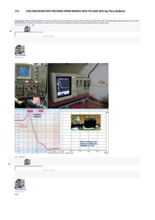 240 CSELTMUSEUM POST RECORDS FROM MARCH 2014 TO JUNE 2015 by Piero Belforte
Piero Belforte 5 Million samples calculated on a 10us time window at 2ps time step in few seconds by DWS! The circular profile of the "SUN" is the steady state relationship between V and I of the
plate capacitance of a printed circuit board.The "solar corona" is due to transient reflection of waves on the parallel plate acting like a resonant cavity.
April 22, 2014 at 5:22pm · Like

Write a comment...
Piero Belforte
April 18, 2014
Like · Comment

Write a comment...
Piero Belforte
April 18, 2014
FOP.
 
