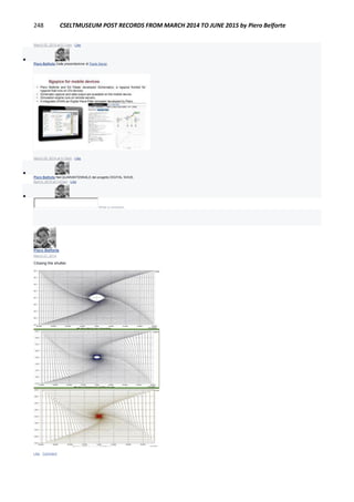 248 CSELTMUSEUM POST RECORDS FROM MARCH 2014 TO JUNE 2015 by Piero Belforte
March 25, 2014 at 5:11pm · Like

Piero Belforte Dalla presentazione di Paolo Nenzi.
March 25, 2014 at 5:15pm · Like

Piero Belforte Nel QUARANTENNALE del progetto DIGITAL WAVE.
April 4, 2014 at 7:47am · Like

Write a comment...
Piero Belforte
March 27, 2014
Closing the shutter.
Like · Comment
 