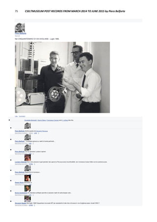 75 CSELTMUSEUM POST RECORDS FROM MARCH 2014 TO JUNE 2015 by Piero Belforte
Piero Belforte
April 28
Nel CINQUANTENARIO DI VIA AVIGLIANA : Luglio 1966,
Like · Comment
 Donatella Bertolotti, Gianni Stano, Francesco Carraro and 11 others like this.

Piero Belforte Anche questa da Giovanni Perucca
April 28 at 10:08pm · Edited · Like · 1

Piero Belforte ...Il software girava su nastri di carta perforati....
April 28 at 10:11pm · Like · 1

Piero Belforte Con un giovane Luciano Leproni.
April 28 at 10:12pm · Like · 1

Luciano Gabrielli Non c'ero ancora in quel periodo ma Leproni e Perucca sono inconfondibili, non riconosco invece l'altro con la camicia scura.
April 28 at 10:15pm · Unlike · 1

Piero Belforte Neanch'io lo riconosco...
April 28 at 10:17pm · Like

Gianni Soria nemmeno io
April 28 at 11:00pm · Like

Ennio Cardamone Si chiamava software perché si usavano nastri di carta doppio velo...
April 28 at 11:22pm · Like · 1

Giovanni Zaggia Nel luglio 1966 frequentavo la scuola SIP per assistenti di rete che si trovava in via Avigliana sopra i locali CSELT.
April 29 at 10:44pm · Unlike · 1
 