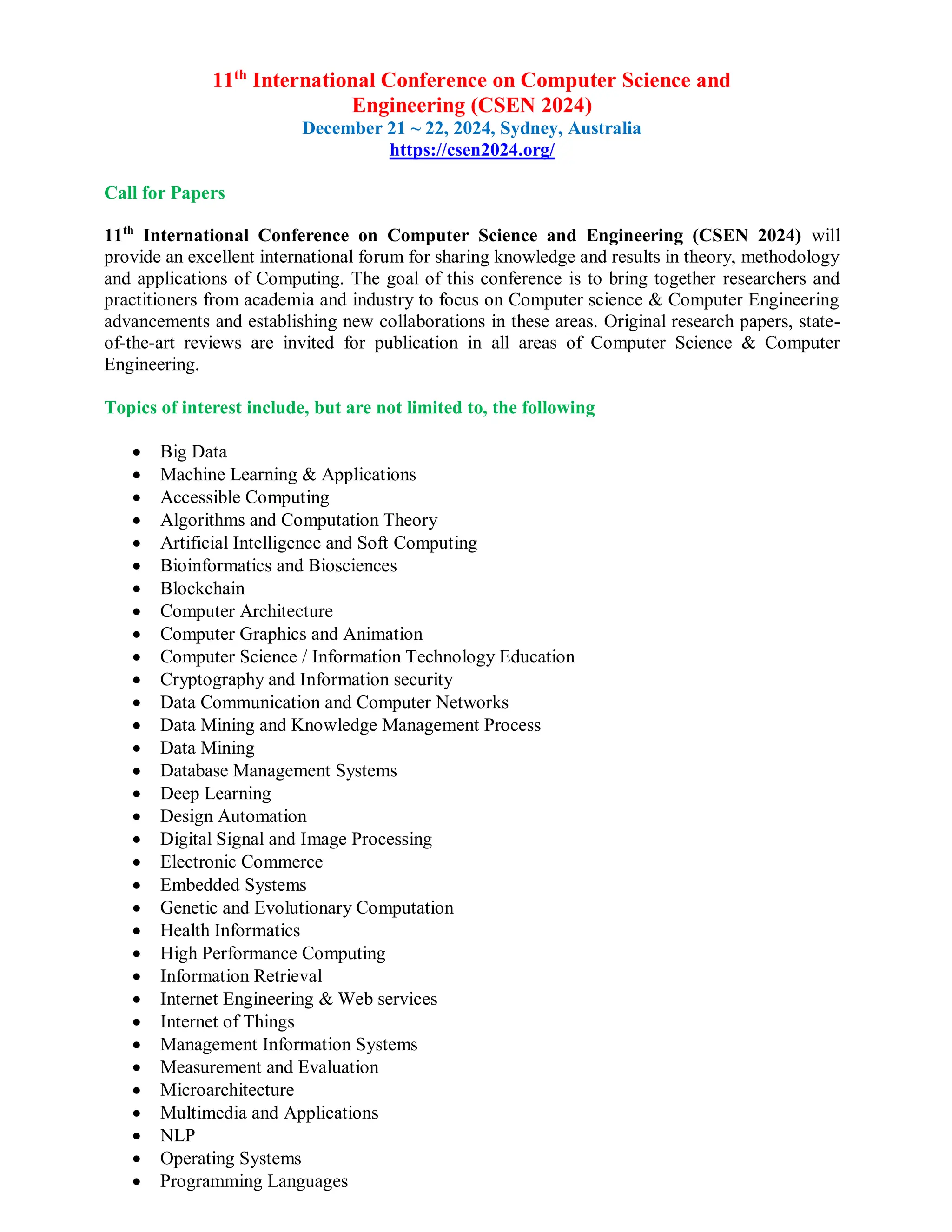 Call for Papers 11th International Conference on Computer Science and