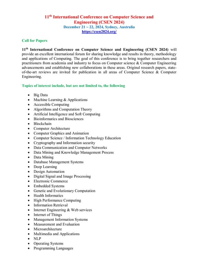 Call for Papers 11th International Conference on Computer Science and