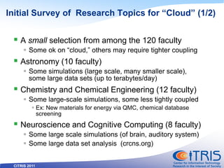 CITRIS 2011
Initial Survey of Research Topics for “Cloud” (1/2)
 A small selection from among the 120 faculty
 Some ok o...