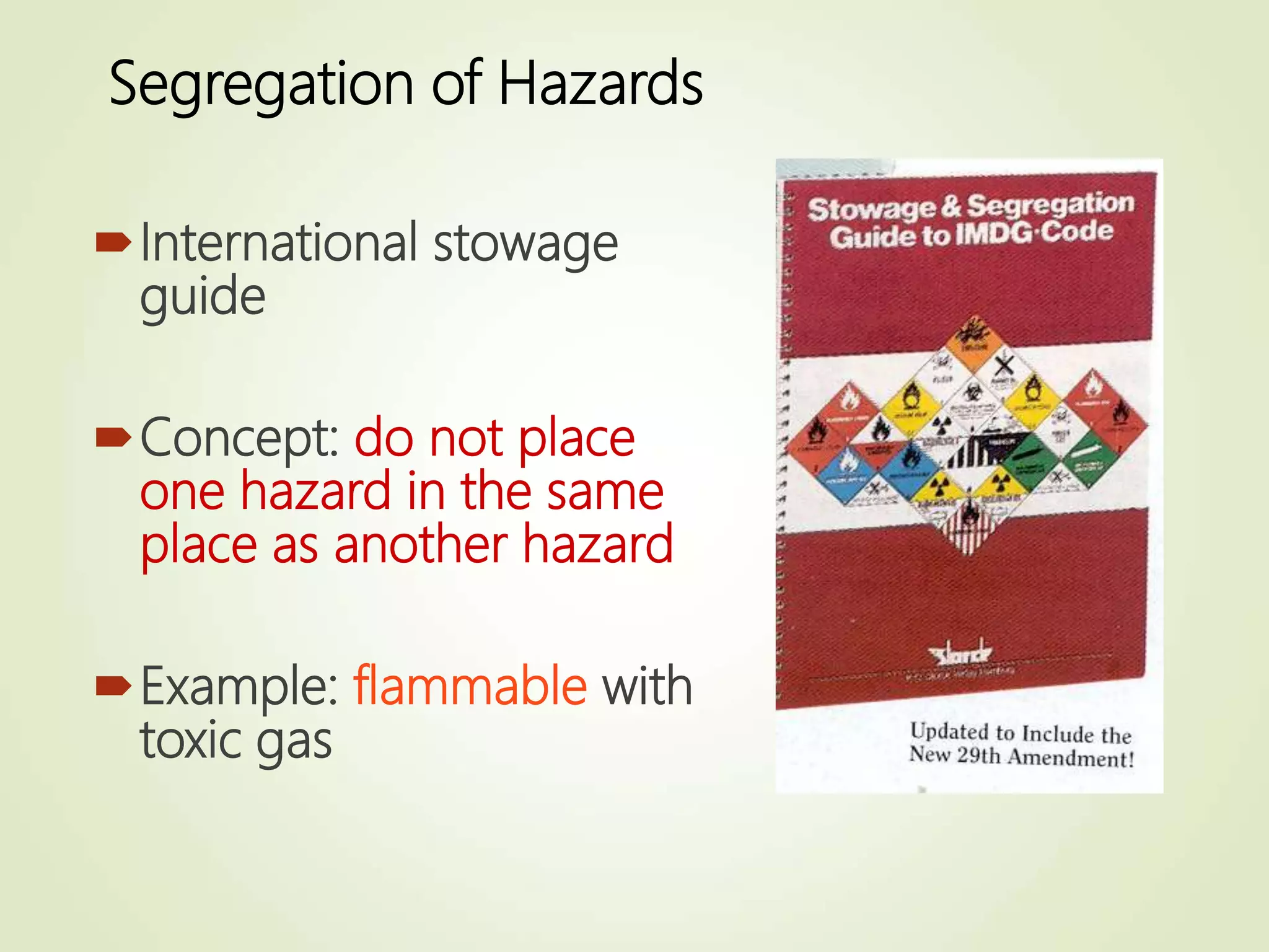 Segregation of Hazards
International stowage
guide
Concept: do not place
one hazard in the same
place as another hazard
Example: flammable with
toxic gas
 