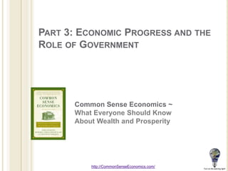 PART 3: ECONOMIC PROGRESS AND THE
ROLE OF GOVERNMENT
Common Sense Economics ~
What Everyone Should Know
About Wealth and Prosperity
http://CommonSenseEconomics.com/
1
Turn on the learning light!
 