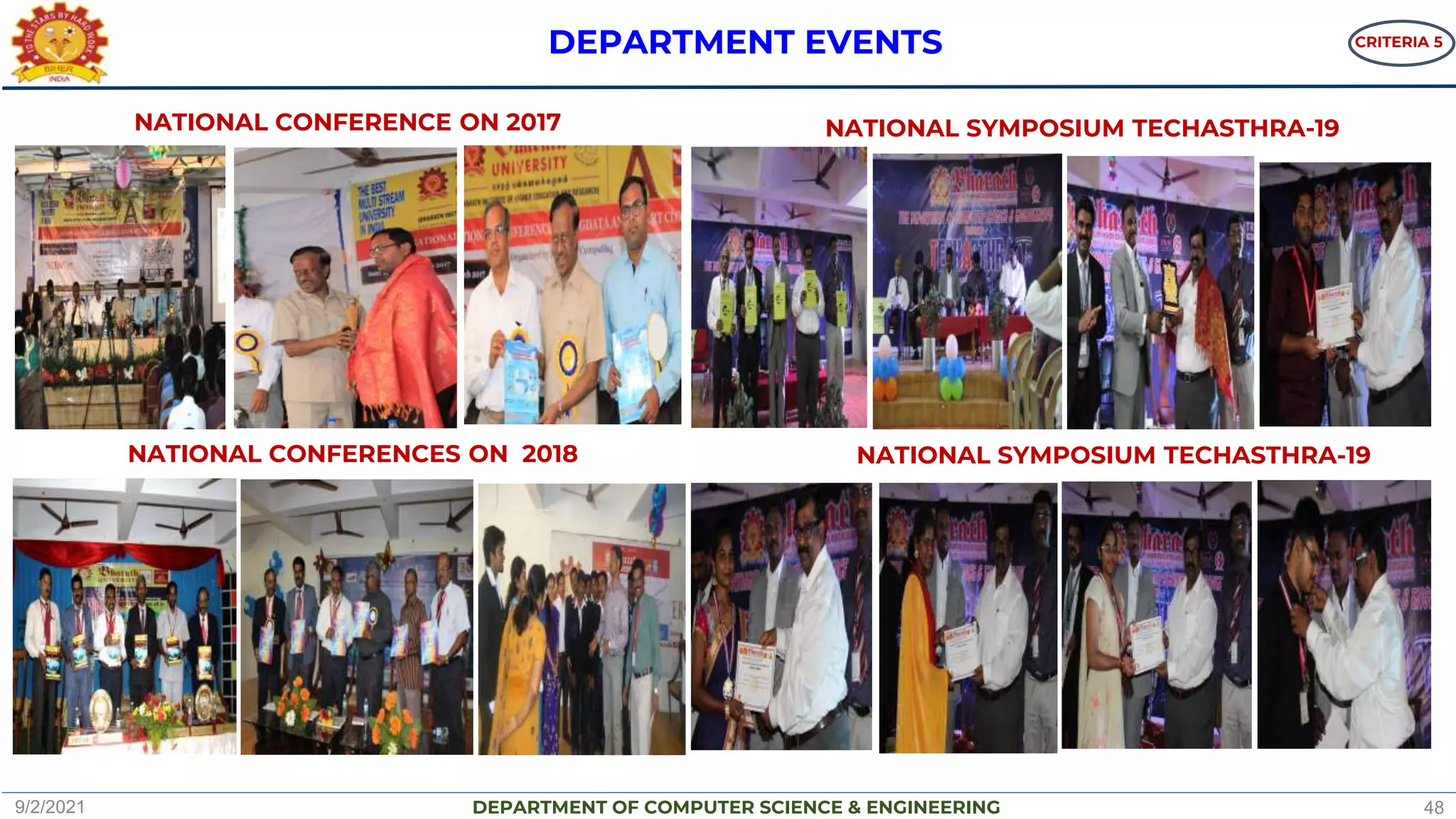 DEPARTMENT OF COMPUTER SCIENCE & ENGINEERING
DEPARTMENT EVENTS
NATIONAL CONFERENCE ON 2017
NATIONAL CONFERENCES ON 2018
CRITERIA 5
9/2/2021 48
NATIONAL SYMPOSIUM TECHASTHRA-19
NATIONAL SYMPOSIUM TECHASTHRA-19
 