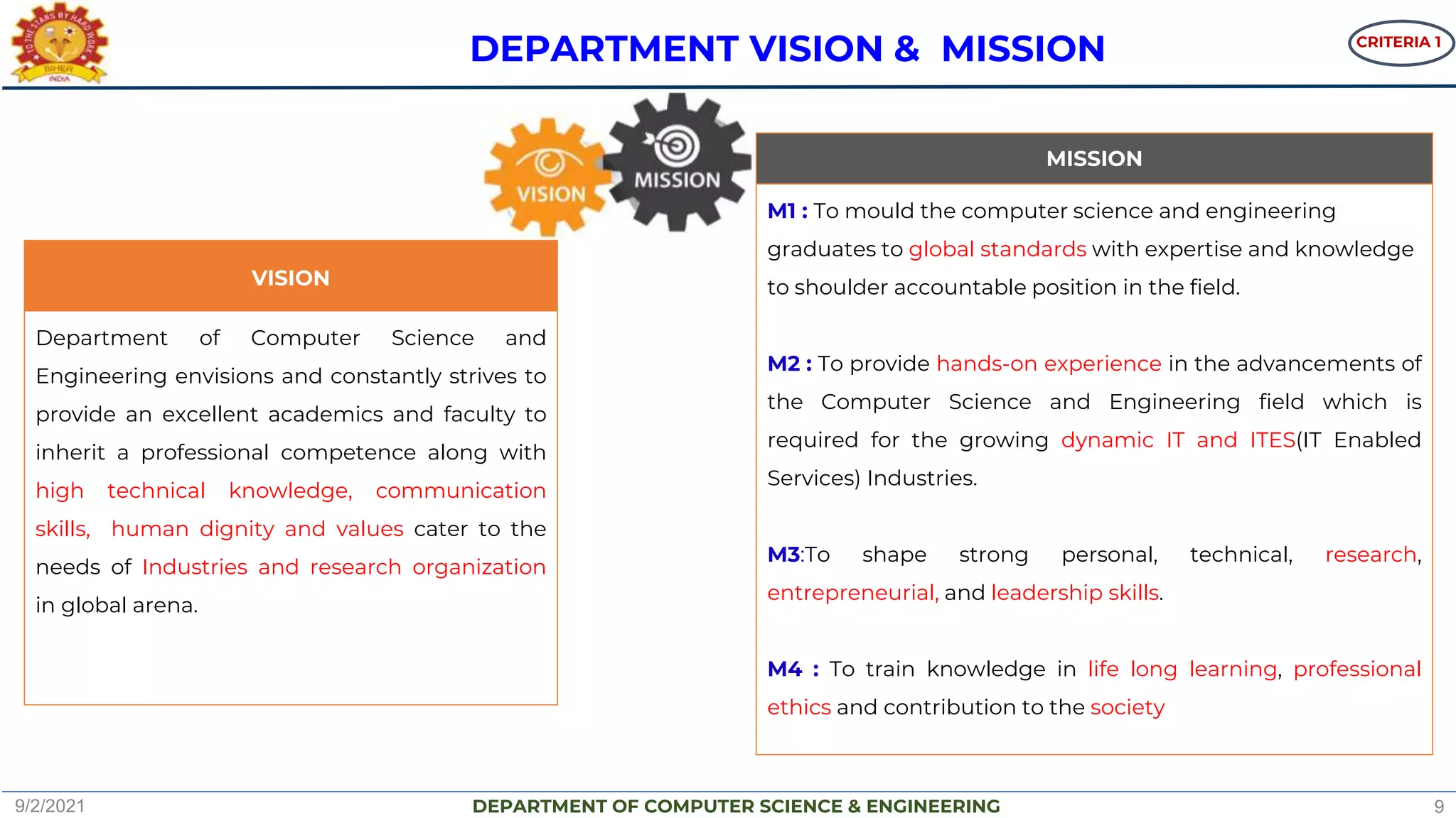 DEPARTMENT OF COMPUTER SCIENCE & ENGINEERING
DEPARTMENT VISION & MISSION
9/2/2021 9
CRITERIA 1
VISION
Department of Computer Science and
Engineering envisions and constantly strives to
provide an excellent academics and faculty to
inherit a professional competence along with
high technical knowledge, communication
skills, human dignity and values cater to the
needs of Industries and research organization
in global arena.
MISSION
M1 : To mould the computer science and engineering
graduates to global standards with expertise and knowledge
to shoulder accountable position in the field.
M2 : To provide hands-on experience in the advancements of
the Computer Science and Engineering field which is
required for the growing dynamic IT and ITES(IT Enabled
Services) Industries.
M3:To shape strong personal, technical, research,
entrepreneurial, and leadership skills.
M4 : To train knowledge in life long learning, professional
ethics and contribution to the society
 