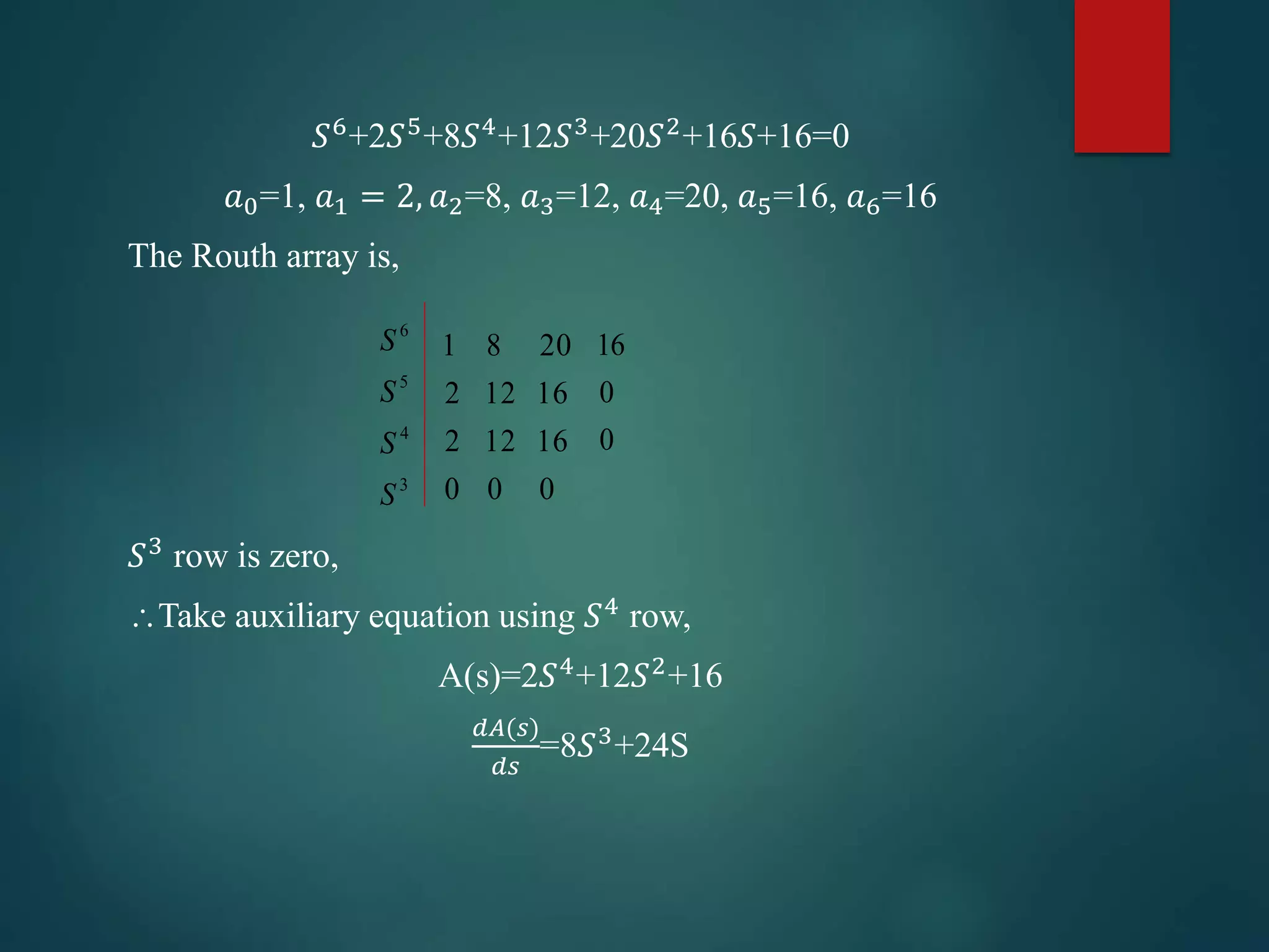 𝑆6
+2𝑆5
+8𝑆4
+12𝑆3
+20𝑆2
+16𝑆+16=0
𝑎0=1, 𝑎1 = 2, 𝑎2=8, 𝑎3=12, 𝑎4=20, 𝑎5=16, 𝑎6=16
The Routh array is,
𝑆3
row is zero,
Take auxiliary equation using 𝑆4 row,
A(s)=2𝑆4+12𝑆2+16
𝑑𝐴(𝑠)
𝑑𝑠
=8𝑆3+24S
3
4
5
6
S
S
S
S
0
2
2
1
0
12
12
8
0
16
16
20
0
0
16
 