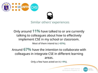 Only around 11% have talked to or are currently
talking to colleagues about how to effectively
implement CSE in my school or classroom.
Most of them intend to (~65%).
Around 67% have the intention to collaborate with
colleagues in integrate CSE in different learning
areas.
Only a few have acted on it (~9%).
Similar others’ experiences
 