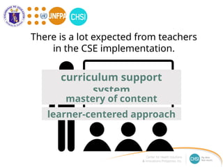 There is a lot expected from teachers
in the CSE implementation.
curriculum support
system
mastery of content
learner-centered approach
 