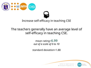 The teachers generally have an average level of
self-efficacy in teaching CSE.
mean rating=6.99
out of a scale of 0 to 10
standard deviation=1.88
Increase self-efficacy in teaching CSE
 