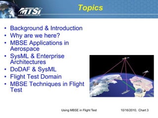 Topics

• Background & Introduction
• Why are we here?
• MBSE Applications in
  Aerospace
• SysML & Enterprise
  Architectures
• DoDAF & SysML
• Flight Test Domain
• MBSE Techniques in Flight
  Test


                   Using MBSE in Flight Test   10/16/2010, Chart 3
 