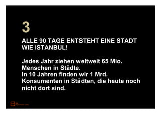 3
ALLE 90 TAGE ENTSTEHT EINE STADT
WIE ISTANBUL!

Jedes Jahr ziehen weltweit 65 Mio.
Menschen in Städte.
In 10 Jahren finden wir 1 Mrd.
Konsumenten in Städten, die heute noch
nicht dort sind.
 