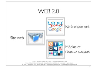 WEB 2.0

                                                                                                     Référencement

Site web

                                                                                                     Médias et
                                                                                                     réseaux sociaux

                           La mise à disposition gratuite est un choix, la propriété intellectuelle un droit.
           En cas d’utilisation des informations de cette présentation, merci d’en citer la source de la façon suivante :
      © Fred Colantonio, tous droits réservés | www.fredcolantonio.be | contact@fredcolantonio.be
                                                                                                                            4
 