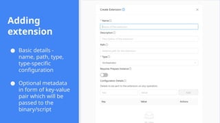 Adding
extension
● Basic details -
name, path, type,
type-specific
configuration
● Optional metadata
in form of key-value
pair which will be
passed to the
binary/script
 