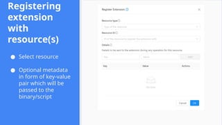 Registering
extension
with
resource(s)
● Select resource
● Optional metadata
in form of key-value
pair which will be
passed to the
binary/script
 