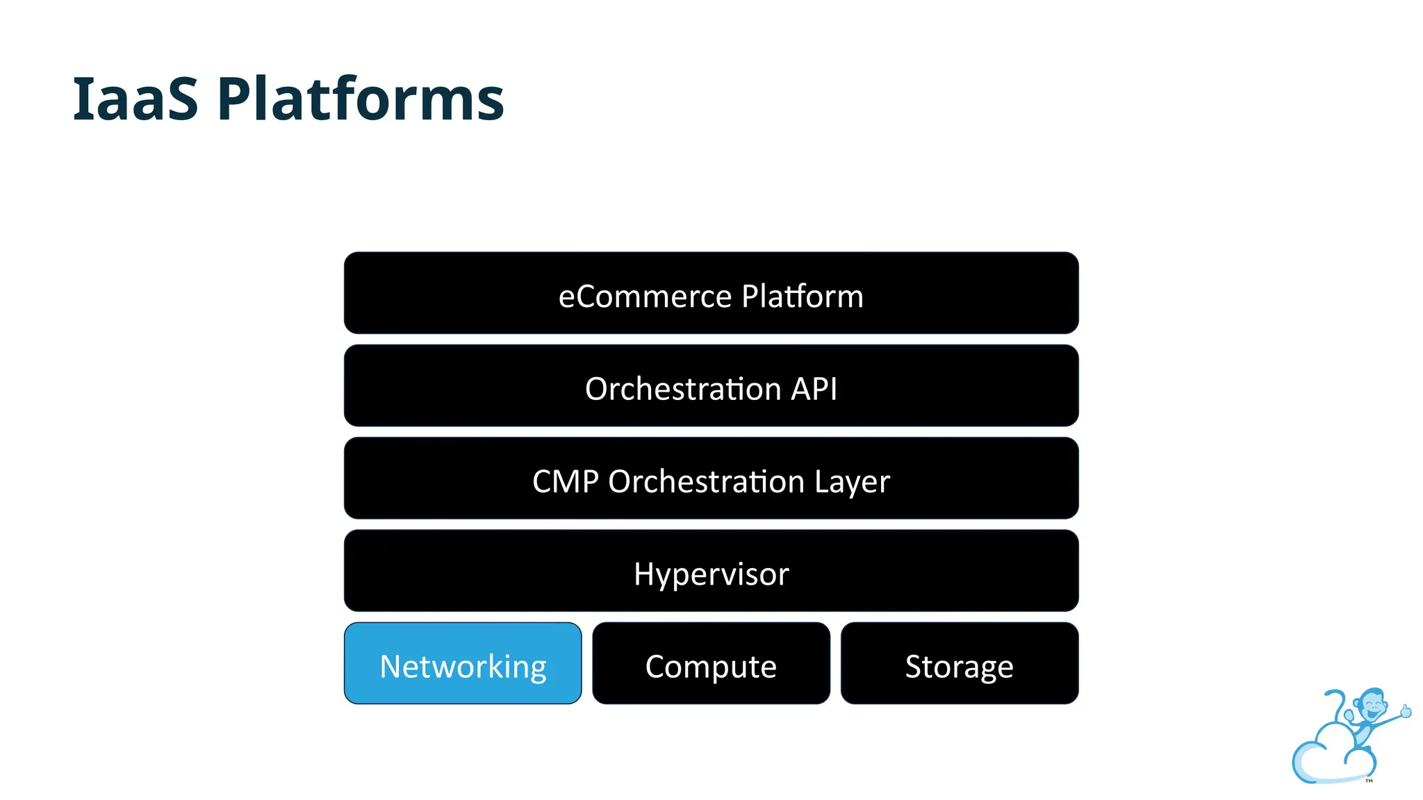 Hypervisor
Networking Compute Storage
CMP Orchestration Layer
Orchestration API
eCommerce Platform
IaaS Platforms
 