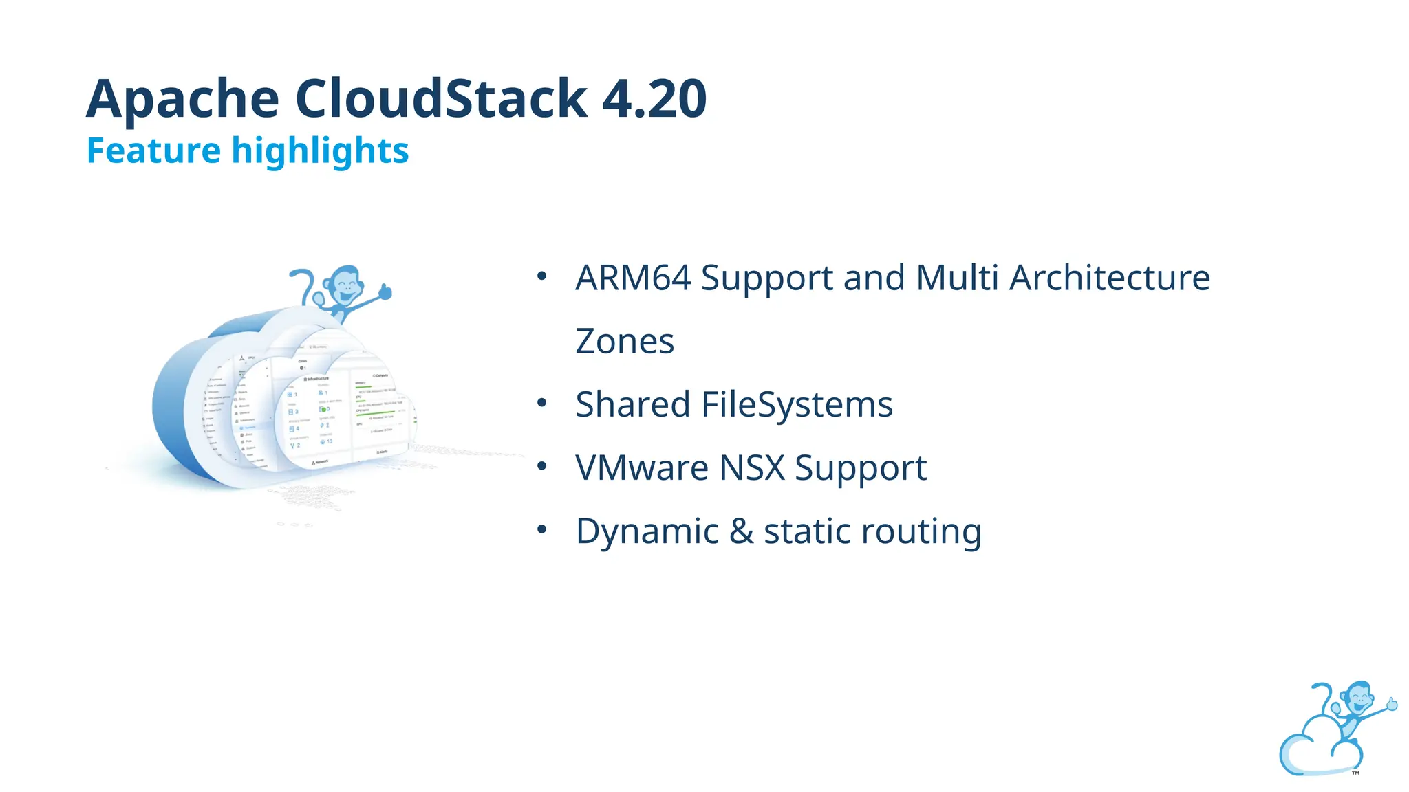 Apache CloudStack 4.20
Feature highlights
• ARM64 Support and Multi Architecture
Zones
• Shared FileSystems
• VMware NSX Support
• Dynamic & static routing
 