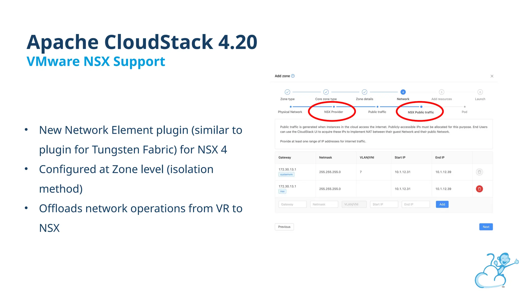 • New Network Element plugin (similar to
plugin for Tungsten Fabric) for NSX 4
• Configured at Zone level (isolation
method)
• Offloads network operations from VR to
NSX
Apache CloudStack 4.20
VMware NSX Support
 