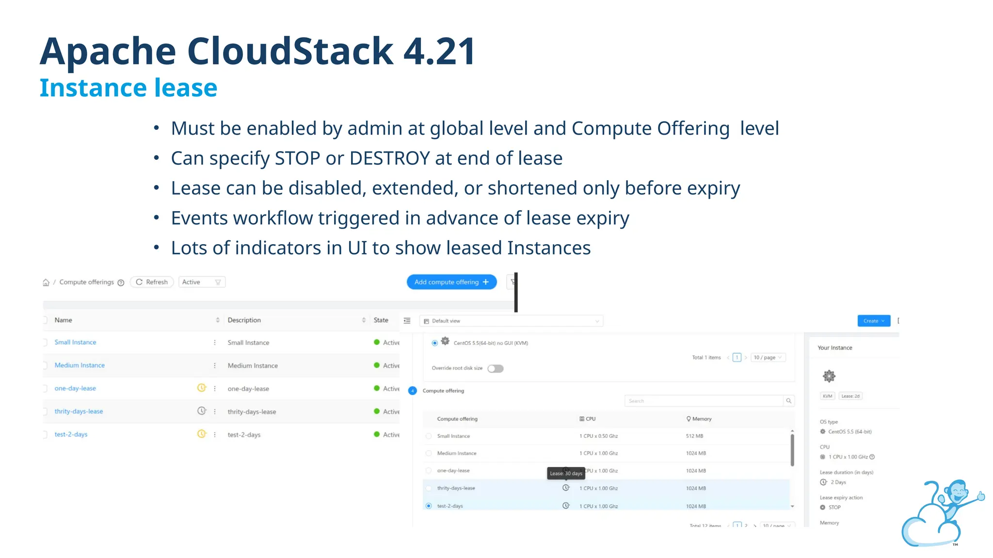 • Must be enabled by admin at global level and Compute Offering level
• Can specify STOP or DESTROY at end of lease
• Lease can be disabled, extended, or shortened only before expiry
• Events workflow triggered in advance of lease expiry
• Lots of indicators in UI to show leased Instances
Apache CloudStack 4.21
Instance lease
 