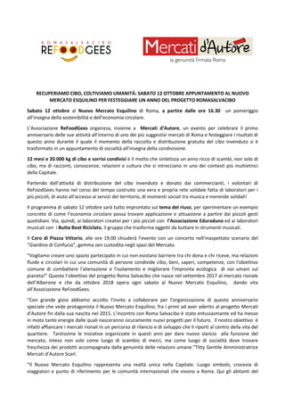 RECUPERIAMO CIBO, COLTIVIAMO UMANITÀ: SABATO 12 OTTOBRE APPUNTAMENTO AL NUOVO
MERCATO ESQUILINO PER FESTEGGIARE UN ANNO DE...