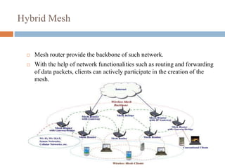 Hybrid Mesh
 Mesh router provide the backbone of such network.
 With the help of network functionalities such as routing and forwarding
of data packets, clients can actively participate in the creation of the
mesh.
 