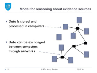 Model for reasoning about evidence sources
2015/16CSF - Nuno Santos5
}  Data is stored and
processed in computers
}  Data can be exchanged
between computers
through networks
 