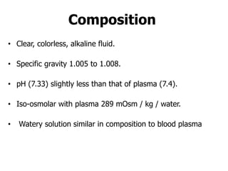 Composition
• Clear, colorless, alkaline fluid.
• Specific gravity 1.005 to 1.008.
• pH (7.33) slightly less than that of plasma (7.4).
• Iso-osmolar with plasma 289 mOsm / kg / water.
• Watery solution similar in composition to blood plasma
 