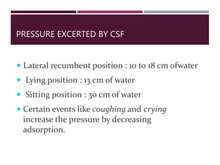 PRESSURE EXCERTED BY CSF
 Lateral recumbent position : 10 to 18 cm ofwater
 Lying position : 13 cm of water
 Sitting position : 30 cm of water
 Certain events like coughing and crying
increase the pressure by decreasing
adsorption.
 