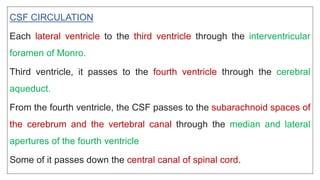 CSF CIRCULATION
Each lateral ventricle to the third ventricle through the interventricular
foramen of Monro.
Third ventricle, it passes to the fourth ventricle through the cerebral
aqueduct.
From the fourth ventricle, the CSF passes to the subarachnoid spaces of
the cerebrum and the vertebral canal through the median and lateral
apertures of the fourth ventricle
Some of it passes down the central canal of spinal cord.
 