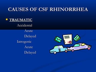 CCAAUUSSEESS OOFF CCSSFF RRHHIINNOORRRRHHEEAA 
 TTRRAAUUMMAATTIICC 
AAcccciiddeennttaall 
AAccuuttee 
DDeellaayyeedd 
IIaattrrooggeenniicc 
AAccuuttee 
DDeellaayyeedd 
 