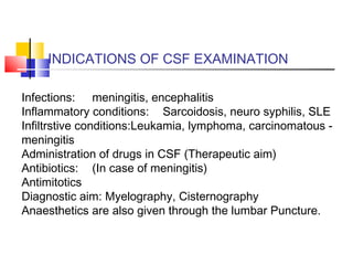 INDICATIONS OF CSF EXAMINATION
Infections: meningitis, encephalitis
Inflammatory conditions: Sarcoidosis, neuro syphilis, SLE
Infiltrstive conditions:Leukamia, lymphoma, carcinomatous -
meningitis
Administration of drugs in CSF (Therapeutic aim)
Antibiotics: (In case of meningitis)
Antimitotics
Diagnostic aim: Myelography, Cisternography
Anaesthetics are also given through the lumbar Puncture.
 