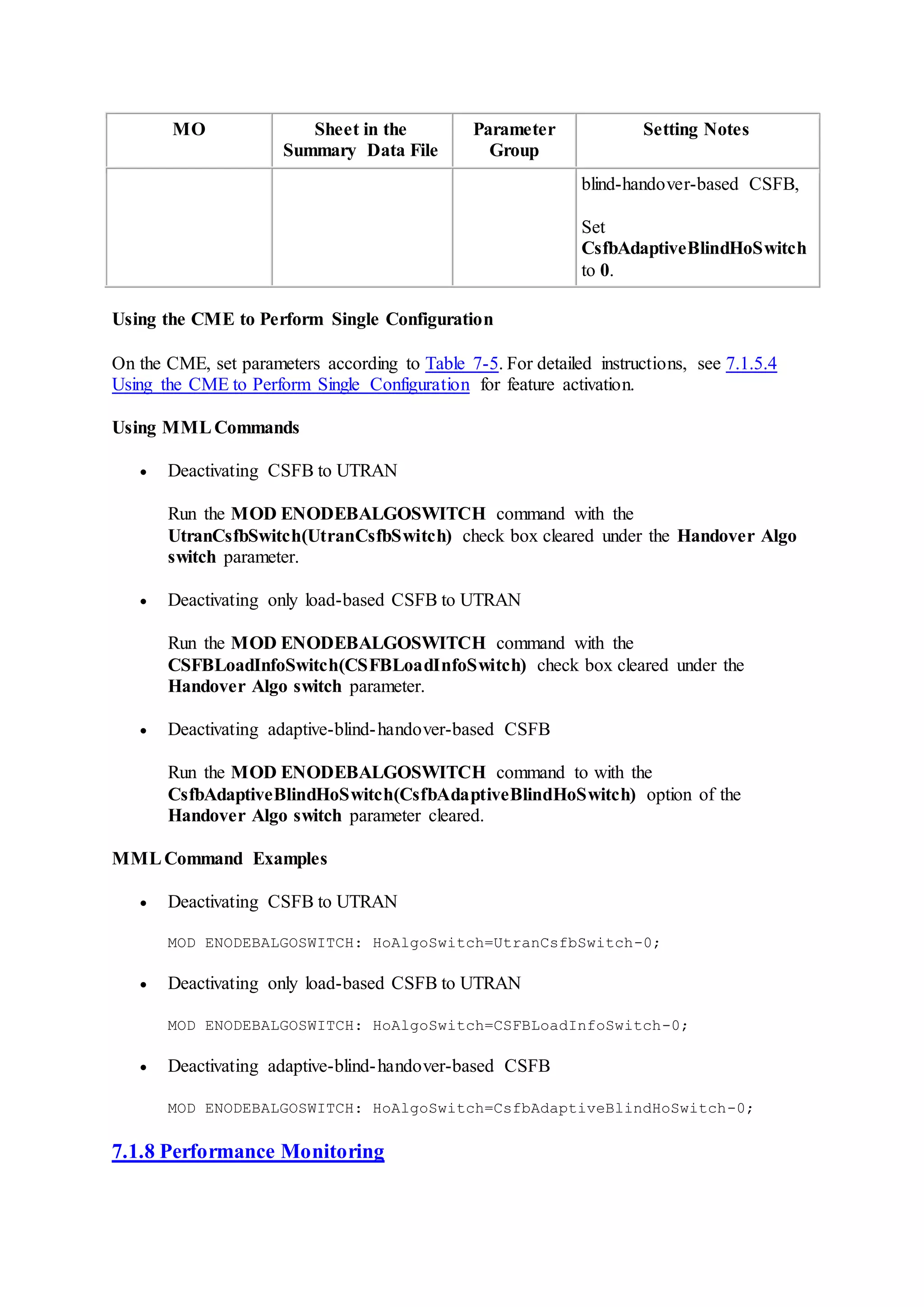 MO Sheet in the
Summary Data File
Parameter
Group
Setting Notes
blind-handover-based CSFB,
Set
CsfbAdaptiveBlindHoSwitch
to 0.
Using the CME to Perform Single Configuration
On the CME, set parameters according to Table 7-5. For detailed instructions, see 7.1.5.4
Using the CME to Perform Single Configuration for feature activation.
Using MMLCommands
 Deactivating CSFB to UTRAN
Run the MOD ENODEBALGOSWITCH command with the
UtranCsfbSwitch(UtranCsfbSwitch) check box cleared under the Handover Algo
switch parameter.
 Deactivating only load-based CSFB to UTRAN
Run the MOD ENODEBALGOSWITCH command with the
CSFBLoadInfoSwitch(CSFBLoadInfoSwitch) check box cleared under the
Handover Algo switch parameter.
 Deactivating adaptive-blind-handover-based CSFB
Run the MOD ENODEBALGOSWITCH command to with the
CsfbAdaptiveBlindHoSwitch(CsfbAdaptiveBlindHoSwitch) option of the
Handover Algo switch parameter cleared.
MMLCommand Examples
 Deactivating CSFB to UTRAN
MOD ENODEBALGOSWITCH: HoAlgoSwitch=UtranCsfbSwitch-0;
 Deactivating only load-based CSFB to UTRAN
MOD ENODEBALGOSWITCH: HoAlgoSwitch=CSFBLoadInfoSwitch-0;
 Deactivating adaptive-blind-handover-based CSFB
MOD ENODEBALGOSWITCH: HoAlgoSwitch=CsfbAdaptiveBlindHoSwitch-0;
7.1.8 Performance Monitoring
 