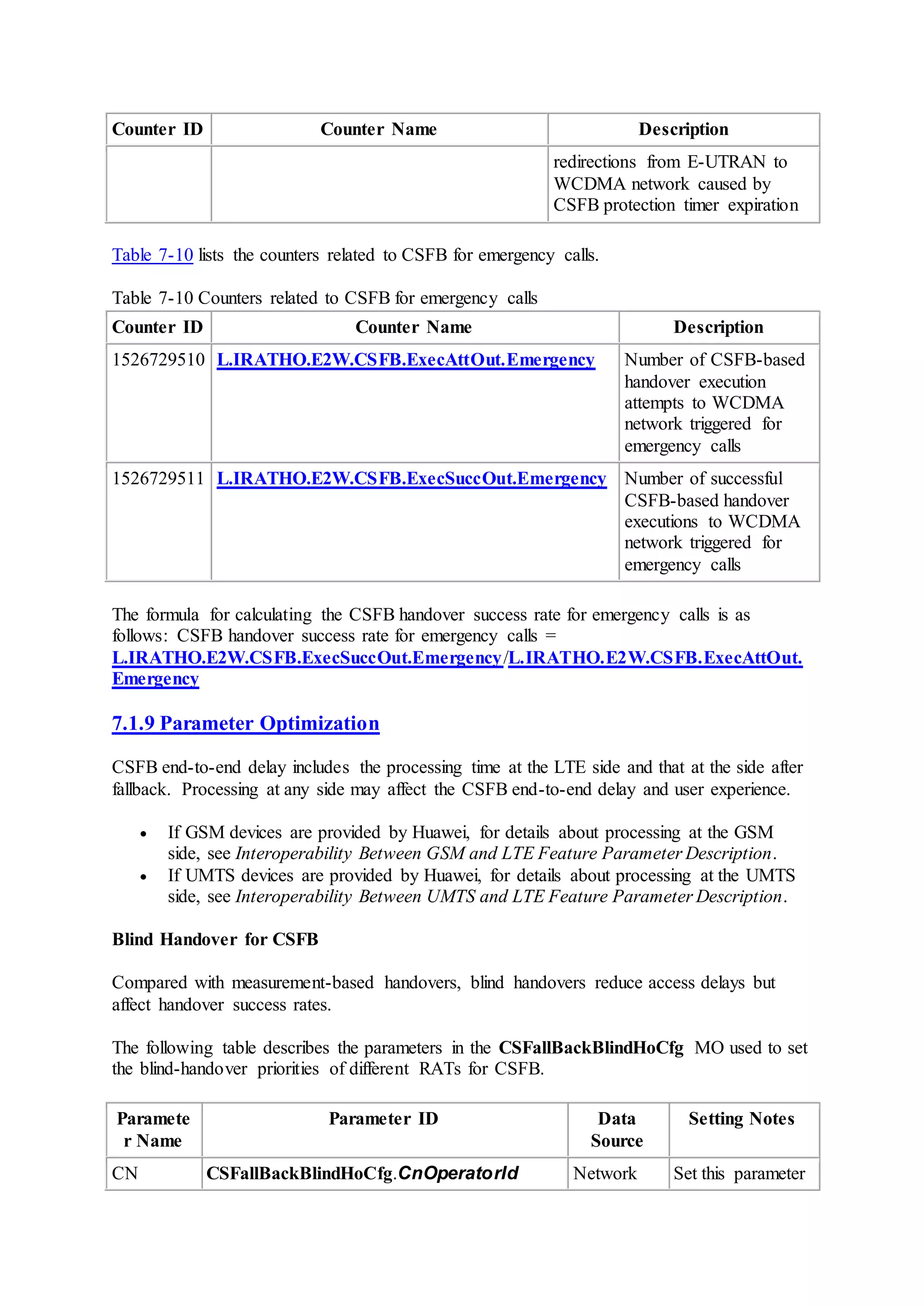 Counter ID Counter Name Description
redirections from E-UTRAN to
WCDMA network caused by
CSFB protection timer expiration
Table 7-10 lists the counters related to CSFB for emergency calls.
Table 7-10 Counters related to CSFB for emergency calls
Counter ID Counter Name Description
1526729510 L.IRATHO.E2W.CSFB.ExecAttOut.Emergency Number of CSFB-based
handover execution
attempts to WCDMA
network triggered for
emergency calls
1526729511 L.IRATHO.E2W.CSFB.ExecSuccOut.Emergency Number of successful
CSFB-based handover
executions to WCDMA
network triggered for
emergency calls
The formula for calculating the CSFB handover success rate for emergency calls is as
follows: CSFB handover success rate for emergency calls =
L.IRATHO.E2W.CSFB.ExecSuccOut.Emergency/L.IRATHO.E2W.CSFB.ExecAttOut.
Emergency
7.1.9 Parameter Optimization
CSFB end-to-end delay includes the processing time at the LTE side and that at the side after
fallback. Processing at any side may affect the CSFB end-to-end delay and user experience.
 If GSM devices are provided by Huawei, for details about processing at the GSM
side, see Interoperability Between GSM and LTE Feature Parameter Description.
 If UMTS devices are provided by Huawei, for details about processing at the UMTS
side, see Interoperability Between UMTS and LTE Feature Parameter Description.
Blind Handover for CSFB
Compared with measurement-based handovers, blind handovers reduce access delays but
affect handover success rates.
The following table describes the parameters in the CSFallBackBlindHoCfg MO used to set
the blind-handover priorities of different RATs for CSFB.
Paramete
r Name
Parameter ID Data
Source
Setting Notes
CN CSFallBackBlindHoCfg.CnOperatorId Network Set this parameter
 