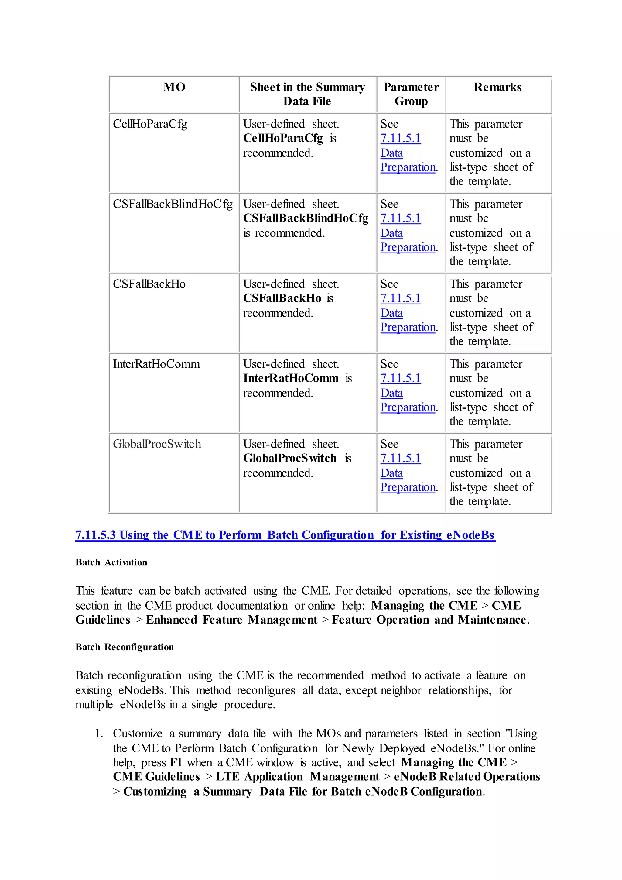 MO Sheet in the Summary
Data File
Parameter
Group
Remarks
CellHoParaCfg User-defined sheet.
CellHoParaCfg is
recommended.
See
7.11.5.1
Data
Preparation.
This parameter
must be
customized on a
list-type sheet of
the template.
CSFallBackBlindHoCfg User-defined sheet.
CSFallBackBlindHoCfg
is recommended.
See
7.11.5.1
Data
Preparation.
This parameter
must be
customized on a
list-type sheet of
the template.
CSFallBackHo User-defined sheet.
CSFallBackHo is
recommended.
See
7.11.5.1
Data
Preparation.
This parameter
must be
customized on a
list-type sheet of
the template.
InterRatHoComm User-defined sheet.
InterRatHoComm is
recommended.
See
7.11.5.1
Data
Preparation.
This parameter
must be
customized on a
list-type sheet of
the template.
GlobalProcSwitch User-defined sheet.
GlobalProcSwitch is
recommended.
See
7.11.5.1
Data
Preparation.
This parameter
must be
customized on a
list-type sheet of
the template.
7.11.5.3 Using the CME to Perform Batch Configuration for Existing eNodeBs
Batch Activation
This feature can be batch activated using the CME. For detailed operations, see the following
section in the CME product documentation or online help: Managing the CME > CME
Guidelines > Enhanced Feature Management > Feature Operation and Maintenance.
Batch Reconfiguration
Batch reconfiguration using the CME is the recommended method to activate a feature on
existing eNodeBs. This method reconfigures all data, except neighbor relationships, for
multiple eNodeBs in a single procedure.
1. Customize a summary data file with the MOs and parameters listed in section "Using
the CME to Perform Batch Configuration for Newly Deployed eNodeBs." For online
help, press F1 when a CME window is active, and select Managing the CME >
CME Guidelines > LTE Application Management > eNodeB RelatedOperations
> Customizing a Summary Data File for Batch eNodeB Configuration.
 