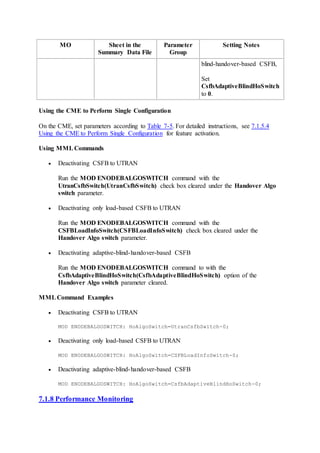MO Sheet in the
Summary Data File
Parameter
Group
Setting Notes
blind-handover-based CSFB,
Set
CsfbAdaptiveBlindHoSwitch
to 0.
Using the CME to Perform Single Configuration
On the CME, set parameters according to Table 7-5. For detailed instructions, see 7.1.5.4
Using the CME to Perform Single Configuration for feature activation.
Using MMLCommands
 Deactivating CSFB to UTRAN
Run the MOD ENODEBALGOSWITCH command with the
UtranCsfbSwitch(UtranCsfbSwitch) check box cleared under the Handover Algo
switch parameter.
 Deactivating only load-based CSFB to UTRAN
Run the MOD ENODEBALGOSWITCH command with the
CSFBLoadInfoSwitch(CSFBLoadInfoSwitch) check box cleared under the
Handover Algo switch parameter.
 Deactivating adaptive-blind-handover-based CSFB
Run the MOD ENODEBALGOSWITCH command to with the
CsfbAdaptiveBlindHoSwitch(CsfbAdaptiveBlindHoSwitch) option of the
Handover Algo switch parameter cleared.
MMLCommand Examples
 Deactivating CSFB to UTRAN
MOD ENODEBALGOSWITCH: HoAlgoSwitch=UtranCsfbSwitch-0;
 Deactivating only load-based CSFB to UTRAN
MOD ENODEBALGOSWITCH: HoAlgoSwitch=CSFBLoadInfoSwitch-0;
 Deactivating adaptive-blind-handover-based CSFB
MOD ENODEBALGOSWITCH: HoAlgoSwitch=CsfbAdaptiveBlindHoSwitch-0;
7.1.8 Performance Monitoring
 
