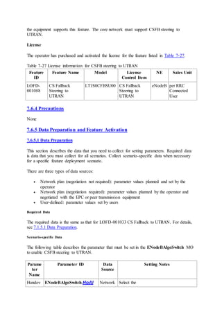 the equipment supports this feature. The core network must support CSFB steering to
UTRAN.
License
The operator has purchased and activated the license for the feature listed in Table 7-27.
Table 7-27 License information for CSFB steering to UTRAN
Feature
ID
Feature Name Model License
Control Item
NE Sales Unit
LOFD-
001088
CS Fallback
Steering to
UTRAN
LT1S0CFBSU00 CS Fallback
Steering to
UTRAN
eNodeB per RRC
Connected
User
7.6.4 Precautions
None
7.6.5 Data Preparation and Feature Activation
7.6.5.1 Data Preparation
This section describes the data that you need to collect for setting parameters. Required data
is data that you must collect for all scenarios. Collect scenario-specific data when necessary
for a specific feature deployment scenario.
There are three types of data sources:
 Network plan (negotiation not required): parameter values planned and set by the
operator
 Network plan (negotiation required): parameter values planned by the operator and
negotiated with the EPC or peer transmission equipment
 User-defined: parameter values set by users
Required Data
The required data is the same as that for LOFD-001033 CS Fallback to UTRAN. For details,
see 7.1.5.1 Data Preparation.
Scenario-specific Data
The following table describes the parameter that must be set in the ENodeBAlgoSwitch MO
to enable CSFB steering to UTRAN.
Parame
ter
Name
Parameter ID Data
Source
Setting Notes
Handov ENodeBAlgoSwitch.HoAl Network Select the
 