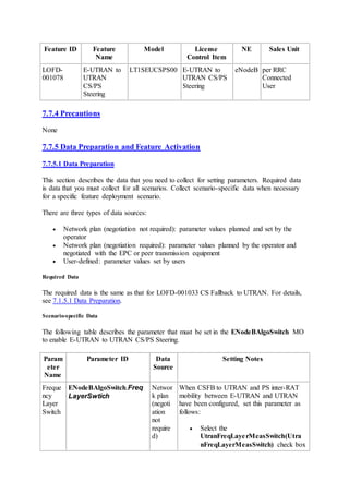 Feature ID Feature
Name
Model License
Control Item
NE Sales Unit
LOFD-
001078
E-UTRAN to
UTRAN
CS/PS
Steering
LT1SEUCSPS00 E-UTRAN to
UTRAN CS/PS
Steering
eNodeB per RRC
Connected
User
7.7.4 Precautions
None
7.7.5 Data Preparation and Feature Activation
7.7.5.1 Data Preparation
This section describes the data that you need to collect for setting parameters. Required data
is data that you must collect for all scenarios. Collect scenario-specific data when necessary
for a specific feature deployment scenario.
There are three types of data sources:
 Network plan (negotiation not required): parameter values planned and set by the
operator
 Network plan (negotiation required): parameter values planned by the operator and
negotiated with the EPC or peer transmission equipment
 User-defined: parameter values set by users
Required Data
The required data is the same as that for LOFD-001033 CS Fallback to UTRAN. For details,
see 7.1.5.1 Data Preparation.
Scenario-specific Data
The following table describes the parameter that must be set in the ENodeBAlgoSwitch MO
to enable E-UTRAN to UTRAN CS/PS Steering.
Param
eter
Name
Parameter ID Data
Source
Setting Notes
Freque
ncy
Layer
Switch
ENodeBAlgoSwitch.Freq
LayerSwtich
Networ
k plan
(negoti
ation
not
require
d)
When CSFB to UTRAN and PS inter-RAT
mobility between E-UTRAN and UTRAN
have been configured, set this parameter as
follows:
 Select the
UtranFreqLayerMeasSwitch(Utra
nFreqLayerMeasSwitch) check box
 