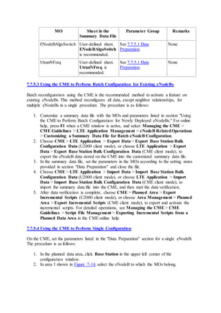 MO Sheet in the
Summary Data File
Parameter Group Remarks
ENodeBAlgoSwitch User-defined sheet.
ENodeBAlgoSwitch
is recommended.
See 7.7.5.1 Data
Preparation.
None
UtranNFreq User-defined sheet.
UtranNFreq is
recommended.
See 7.7.5.1 Data
Preparation.
None
7.7.5.3 Using the CME to Perform Batch Configuration for Existing eNodeBs
Batch reconfiguration using the CME is the recommended method to activate a feature on
existing eNodeBs. This method reconfigures all data, except neighbor relationships, for
multiple eNodeBs in a single procedure. The procedure is as follows:
1. Customize a summary data file with the MOs and parameters listed in section "Using
the CME to Perform Batch Configuration for Newly Deployed eNodeBs." For online
help, press F1 when a CME window is active, and select Managing the CME >
CME Guidelines > LTE Application Management > eNodeB RelatedOperations
> Customizing a Summary Data File for Batch eNodeB Configuration.
2. Choose CME > LTE Application > Export Data > Export Base Station Bulk
Configuration Data (U2000 client mode), or choose LTE Application > Export
Data > Export Base Station Bulk Configuration Data (CME client mode), to
export the eNodeB data stored on the CME into the customized summary data file.
3. In the summary data file, set the parameters in the MOs according to the setting notes
provided in section "Data Preparation" and close the file.
4. Choose CME > LTE Application > Import Data > Import Base Station Bulk
Configuration Data (U2000 client mode), or choose LTE Application > Import
Data > Import Base Station Bulk Configuration Data (CME client mode), to
import the summary data file into the CME, and then start the data verification.
5. After data verification is complete, choose CME > Planned Area > Export
Incremental Scripts (U2000 client mode), or choose Area Management > Planned
Area > Export Incremental Scripts (CME client mode), to export and activate the
incremental scripts. For detailed operations, see Managing the CME > CME
Guidelines > Script File Management > Exporting Incremental Scripts from a
Planned Data Area in the CME online help.
7.7.5.4 Using the CME to Perform Single Configuration
On the CME, set the parameters listed in the "Data Preparation" section for a single eNodeB.
The procedure is as follows:
1. In the planned data area, click Base Station in the upper left corner of the
configuration window.
2. In area 1 shown in Figure 7-14, select the eNodeB to which the MOs belong.
 