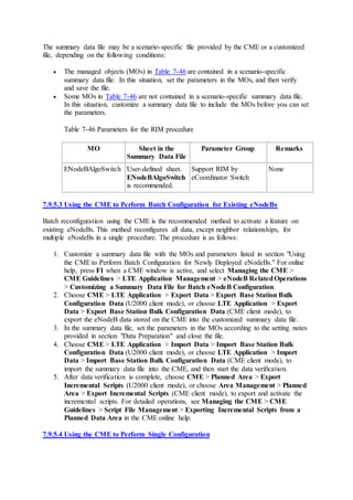 The summary data file may be a scenario-specific file provided by the CME or a customized
file, depending on the following conditions:
 The managed objects (MOs) in Table 7-46 are contained in a scenario-specific
summary data file. In this situation, set the parameters in the MOs, and then verify
and save the file.
 Some MOs in Table 7-46 are not contained in a scenario-specific summary data file.
In this situation, customize a summary data file to include the MOs before you can set
the parameters.
Table 7-46 Parameters for the RIM procedure
MO Sheet in the
Summary Data File
Parameter Group Remarks
ENodeBAlgoSwitch User-defined sheet.
ENodeBAlgoSwitch
is recommended.
Support RIM by
eCoordinator Switch
None
7.9.5.3 Using the CME to Perform Batch Configuration for Existing eNodeBs
Batch reconfiguration using the CME is the recommended method to activate a feature on
existing eNodeBs. This method reconfigures all data, except neighbor relationships, for
multiple eNodeBs in a single procedure. The procedure is as follows:
1. Customize a summary data file with the MOs and parameters listed in section "Using
the CME to Perform Batch Configuration for Newly Deployed eNodeBs." For online
help, press F1 when a CME window is active, and select Managing the CME >
CME Guidelines > LTE Application Management > eNodeB RelatedOperations
> Customizing a Summary Data File for Batch eNodeB Configuration.
2. Choose CME > LTE Application > Export Data > Export Base Station Bulk
Configuration Data (U2000 client mode), or choose LTE Application > Export
Data > Export Base Station Bulk Configuration Data (CME client mode), to
export the eNodeB data stored on the CME into the customized summary data file.
3. In the summary data file, set the parameters in the MOs according to the setting notes
provided in section "Data Preparation" and close the file.
4. Choose CME > LTE Application > Import Data > Import Base Station Bulk
Configuration Data (U2000 client mode), or choose LTE Application > Import
Data > Import Base Station Bulk Configuration Data (CME client mode), to
import the summary data file into the CME, and then start the data verification.
5. After data verification is complete, choose CME > Planned Area > Export
Incremental Scripts (U2000 client mode), or choose Area Management > Planned
Area > Export Incremental Scripts (CME client mode), to export and activate the
incremental scripts. For detailed operations, see Managing the CME > CME
Guidelines > Script File Management > Exporting Incremental Scripts from a
Planned Data Area in the CME online help.
7.9.5.4 Using the CME to Perform Single Configuration
 