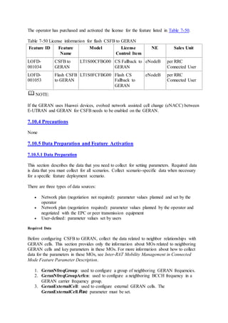 The operator has purchased and activated the license for the feature listed in Table 7-50.
Table 7-50 License information for flash CSFB to GERAN
Feature ID Feature
Name
Model License
Control Item
NE Sales Unit
LOFD-
001034
CSFB to
GERAN
LT1S00CFBG00 CS Fallback to
GERAN
eNodeB per RRC
Connected User
LOFD-
001053
Flash CSFB
to GERAN
LT1S0FCFBG00 Flash CS
Fallback to
GERAN
eNodeB per RRC
Connected User
NOTE:
If the GERAN uses Huawei devices, evolved network assisted cell change (eNACC) between
E-UTRAN and GERAN for CSFB needs to be enabled on the GERAN.
7.10.4 Precautions
None
7.10.5 Data Preparation and Feature Activation
7.10.5.1 Data Preparation
This section describes the data that you need to collect for setting parameters. Required data
is data that you must collect for all scenarios. Collect scenario-specific data when necessary
for a specific feature deployment scenario.
There are three types of data sources:
 Network plan (negotiation not required): parameter values planned and set by the
operator
 Network plan (negotiation required): parameter values planned by the operator and
negotiated with the EPC or peer transmission equipment
 User-defined: parameter values set by users
Required Data
Before configuring CSFB to GERAN, collect the data related to neighbor relationships with
GERAN cells. This section provides only the information about MOs related to neighboring
GERAN cells and key parameters in these MOs. For more information about how to collect
data for the parameters in these MOs, see Inter-RAT Mobility Management in Connected
Mode Feature Parameter Description.
1. GeranNfreqGroup: used to configure a group of neighboring GERAN frequencies.
2. GeranNfreqGroupArfcn: used to configure a neighboring BCCH frequency in a
GERAN carrier frequency group.
3. GeranExternalCell: used to configure external GERAN cells. The
GeranExternalCell.Rac parameter must be set.
 