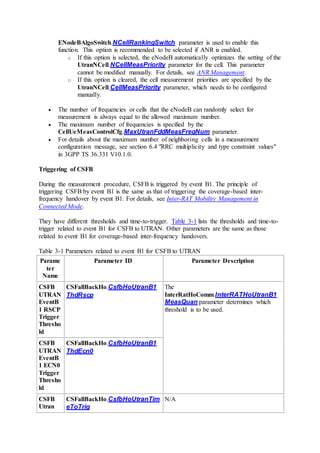 ENodeBAlgoSwitch.NCellRankingSwitch parameter is used to enable this
function. This option is recommended to be selected if ANR is enabled.
o If this option is selected, the eNodeB automatically optimizes the setting of the
UtranNCell.NCellMeasPriority parameter for the cell. This parameter
cannot be modified manually. For details, see ANR Management.
o If this option is cleared, the cell measurement priorities are specified by the
UtranNCell.CellMeasPriority parameter, which needs to be configured
manually.
 The number of frequencies or cells that the eNodeB can randomly select for
measurement is always equal to the allowed maximum number.
 The maximum number of frequencies is specified by the
CellUeMeasControlCfg.MaxUtranFddMeasFreqNum parameter.
 For details about the maximum number of neighboring cells in a measurement
configuration message, see section 6.4 "RRC multiplicity and type constraint values"
in 3GPP TS 36.331 V10.1.0.
Triggering of CSFB
During the measurement procedure, CSFB is triggered by event B1. The principle of
triggering CSFB by event B1 is the same as that of triggering the coverage-based inter-
frequency handover by event B1. For details, see Inter-RAT Mobility Management in
Connected Mode.
They have different thresholds and time-to-trigger. Table 3-1 lists the thresholds and time-to-
trigger related to event B1 for CSFB to UTRAN. Other parameters are the same as those
related to event B1 for coverage-based inter-frequency handovers.
Table 3-1 Parameters related to event B1 for CSFB to UTRAN
Parame
ter
Name
Parameter ID Parameter Description
CSFB
UTRAN
EventB
1 RSCP
Trigger
Thresho
ld
CSFallBackHo.CsfbHoUtranB1
ThdRscp
The
InterRatHoComm.InterRATHoUtranB1
MeasQuan parameter determines which
threshold is to be used.
CSFB
UTRAN
EventB
1 ECN0
Trigger
Thresho
ld
CSFallBackHo.CsfbHoUtranB1
ThdEcn0
CSFB
Utran
CSFallBackHo.CsfbHoUtranTim
eToTrig
N/A
 