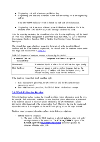  Neighboring cells with a handover prohibition flag
 Neighboring cells that have a different PLMN from the serving cell in the neighboring
cell list
If the inter-PLMN handover switch is turned on, such cells are not excluded.
 Neighboring cells in the areas indicated by the IE Handover Restriction List in the
INITIAL CONTEXT SETUP REQUEST message sent from the MME
After the preceding exclusion, the eNodeB excludes cells from the neighboring cell list based
on SPID-based mobility management in connected mode. For details, see LOFD-00105401
Camp &amp; Handover Based on SPID in Flexible User Steering Feature Parameter
Description.
The eNodeB then sends a handover request to the target cell at the top of the filtered
candidate cell list. If the handover request fails, the eNodeB sends the handover request to the
next target cell, as described in Table 3-2.
Table 3-2 Sequence of handover requests to be sent by the eNodeB
Candidate Cell List
Generated by
Sequence of Handover Requests
Measurement A handover request is sent to the cell with the best signal quality.
Blind handover A handover request is sent to a cell or frequency that has the
highest priority. If multiple cells have the highest priority, the
eNodeB randomly selects a cell for blind handover.
If the handover request fails in all candidate cells:
 For a measurement procedure, the eNodeB waits until the UE sends the next
measurement report.
 For a blind handover procedure, the eNodeB finishes the handover attempt.
3.8.2 Flash Redirection Decision
When the handover policy requires the eNodeB to obtain system information about the peer,
for example, flash redirection, handover decision based on system information is performed.
If the handover decision is based on system information, the eNodeB includes system
information of the target cell of the corresponding RAT. Therefore, the time for reading cell
system information is not required so that the UE can quickly access the target network.
Decision based on system information adheres to the following principles:
 In blind handover scenarios:
1. The target cell list for blind handover is selected, including other cells under
the target frequency for redirection. The UTRAN_SWITCH option of the
ENodeBAlgoSwitch.NCellRankingSwitch parameter specifies the
sequence of adding other cells.
 