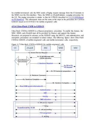 In a mobile-terminated call, the MSC sends a Paging request message from the CS domain to
the MME over the SGs interface. Then, the MME or eNodeB initiates a paging procedure for
the UE. The paging procedure is similar to that for UTRAN described in 3.11.2 CSFB Based
on PS Handover. The subsequent steps are the same as the steps in the procedure for CSFB to
GERAN based on CCO/NACC for mobile-originated calls.
4.9.6 Ultra-Flash CSFB to GERAN
Ultra-Flash CSFB to GERAN is a Huawei-proprietary procedure. To enable this feature, the
MSC, MME, and eNodeB must all be provided by Huawei and support this feature.
Resources are prepared in advance on the GERAN using the SRVCC, and authentication and
encryption procedures are excluded to reduce delays. The following figures show Ultra-Flash
CSFB to GERAN of mobile-originated calls and mobile-terminated calls, respectively.
Figure 4-7 Ultra-flash CSFB to GERAN for mobile-originated calls
 