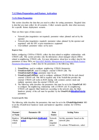 7.1.5 Data Preparation and Feature Activation
7.1.5.1 Data Preparation
This section describes the data that you need to collect for setting parameters. Required data
is data that you must collect for all scenarios. Collect scenario-specific data when necessary
for a specific feature deployment scenario.
There are three types of data sources:
 Network plan (negotiation not required): parameter values planned and set by the
operator
 Network plan (negotiation required): parameter values planned by the operator and
negotiated with the EPC or peer transmission equipment
 User-defined: parameter values set by users
Required Data
Before configuring CSFB to UTRAN, collect the data related to neighbor relationships with
UTRAN cells. This section provides only the information about managed objects (MOs)
related to neighboring UTRAN cells. For more information about how to collect data for the
parameters in these MOs, see Inter-RAT Mobility Management in Connected Mode Feature
Parameter Description. Collect data for the parameters in the following MOs:
1. UtranNFreq: used to configure neighboring UTRAN frequencies
2. UtranExternalCell: used to configure external UTRAN cells. The
UtranExternalCell.Rac parameter must be set.
3. UtranExternalCellPlmn: used to configure additional PLMN IDs for each shared
external UTRAN cell. This MO is required only if the NodeB that provides the
external UTRAN cell works in RAN sharing with common carriers mode and
multiple operators share the external UTRAN cell.
4. The following table describes the parameters that must be set in the UtranNCell MO
to configure the neighboring relationship with a UTRAN cell. If a neighboring
UTRAN cell supports blind handovers according to the network plan, the blind-
handover priority of the cell must be specified by the UtranNCell.BlindHoPriority
parameter.
Scenario-specific Data
The following table describes the parameters that must be set in the ENodeBAlgoSwitch MO
to set the eNodeB-level handover mode and handover algorithm switches for CSFB to
UTRAN.
Paramet
er Name
Parameter ID Data
Source
Setting Notes
Handove
r Mode
switch
ENodeBAlgoSwitch.HoModeS
witch
Network
plan
(negotiati
on not
Set this parameter based on the
network plan.
To activate PS handovers, select
 